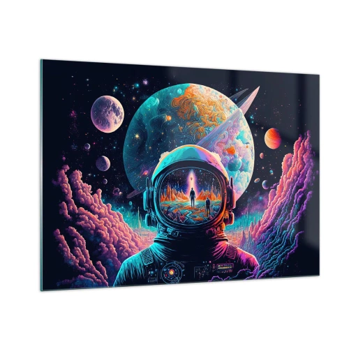 Glasbild - Bild auf glas - Eine Weltraumlandschaft mit einem Astronauten und einem surrealen Planeten. - 100x70cm - Philosophen haben nicht davon geträumt - Moderne Wanddekoration für Wohnzimmer und Schlafzimmer ARTTOR