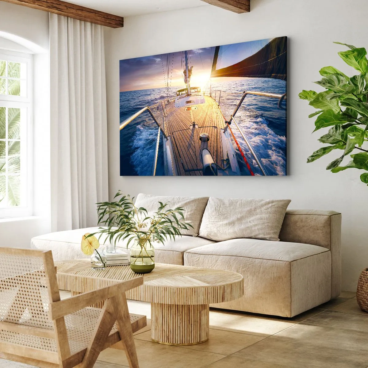 Bild auf Leinwand - Leinwandbild - Yacht auf See bei Sonnenuntergang - 70x50cm - Laufen unter den Wellen - Moderne Wanddekoration für Wohnzimmer und Schlafzimmer ARTTOR