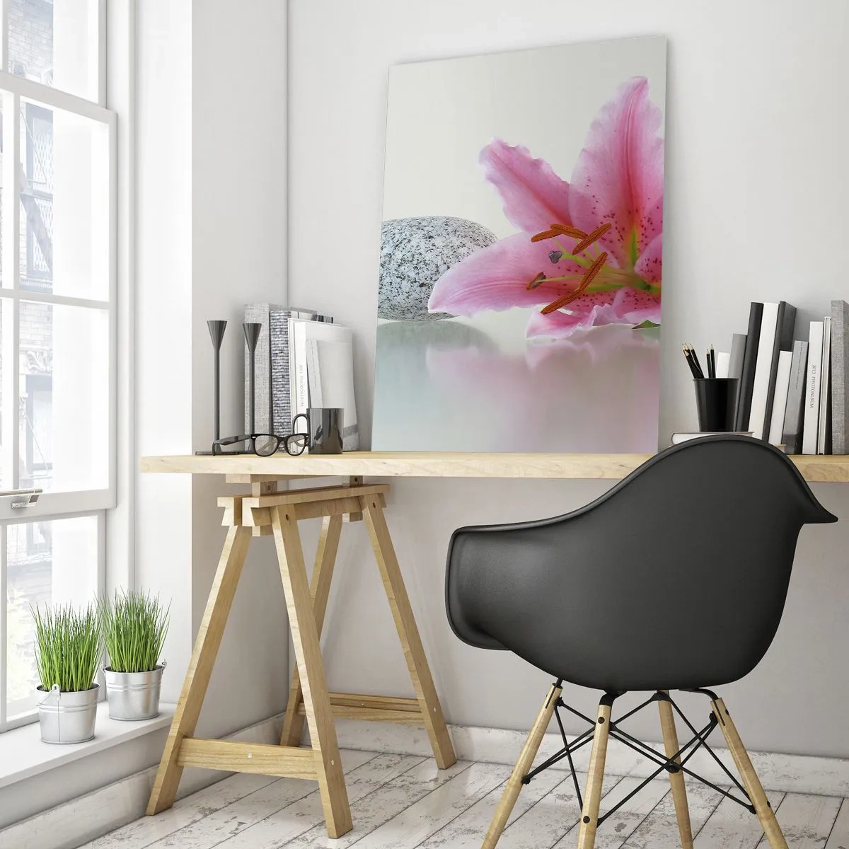 Glasbild - Bild auf glas - Rosa Lilie vor einem Hintergrund aus weißen Steinen im Spa-Stil - 50x70cm - Eine Studie in Pink, Grau und Weiß - Moderne Wanddekoration für Wohnzimmer und Schlafzimmer ARTTOR