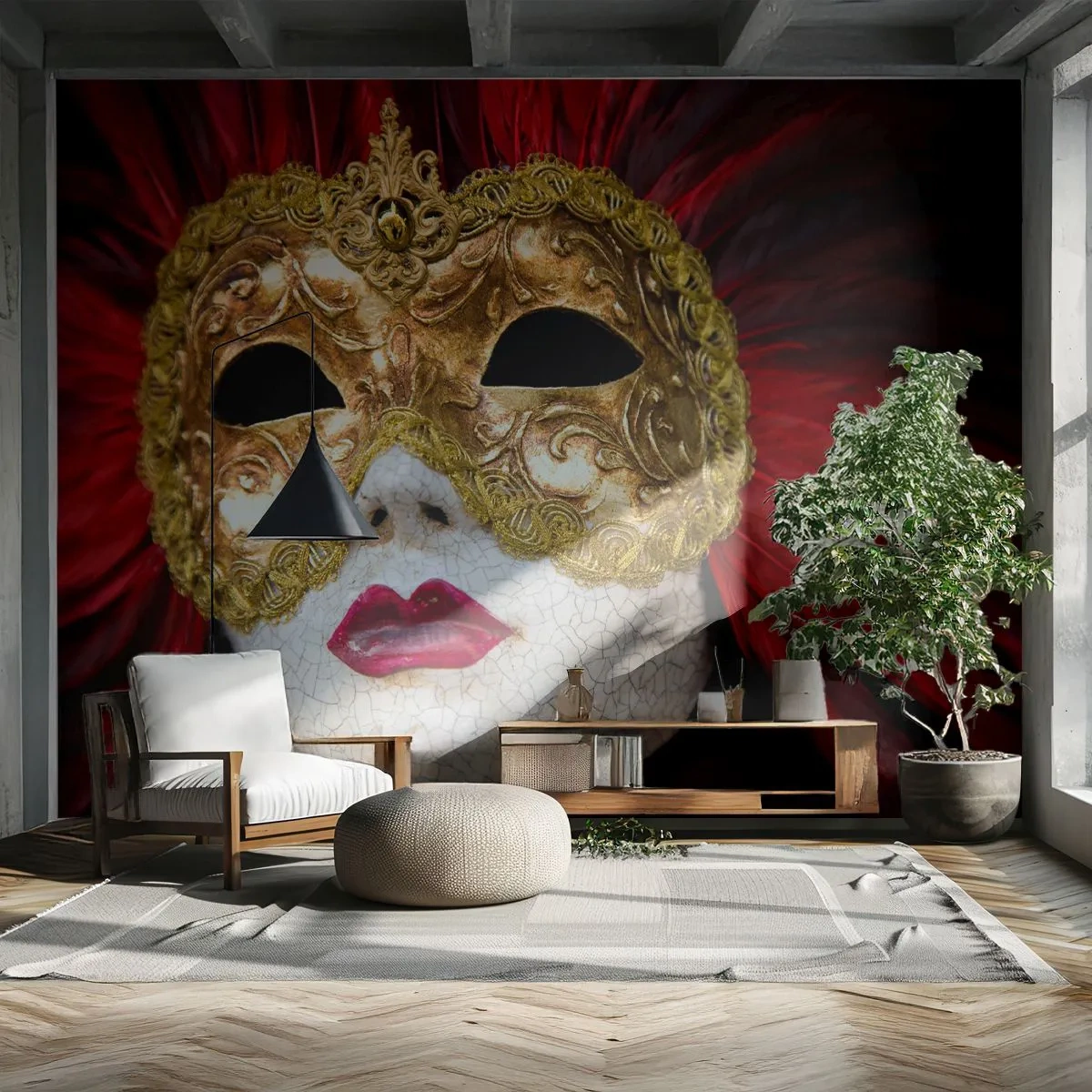 Fototapete Premium Sand - Goldene venezianische Maske mit roten Federn - 100x70cm - Das Versprechen eines Karnevalsabenteuers - Moderne Wanddekoration für Wohnzimmer und Schlafzimmer ARTTOR
