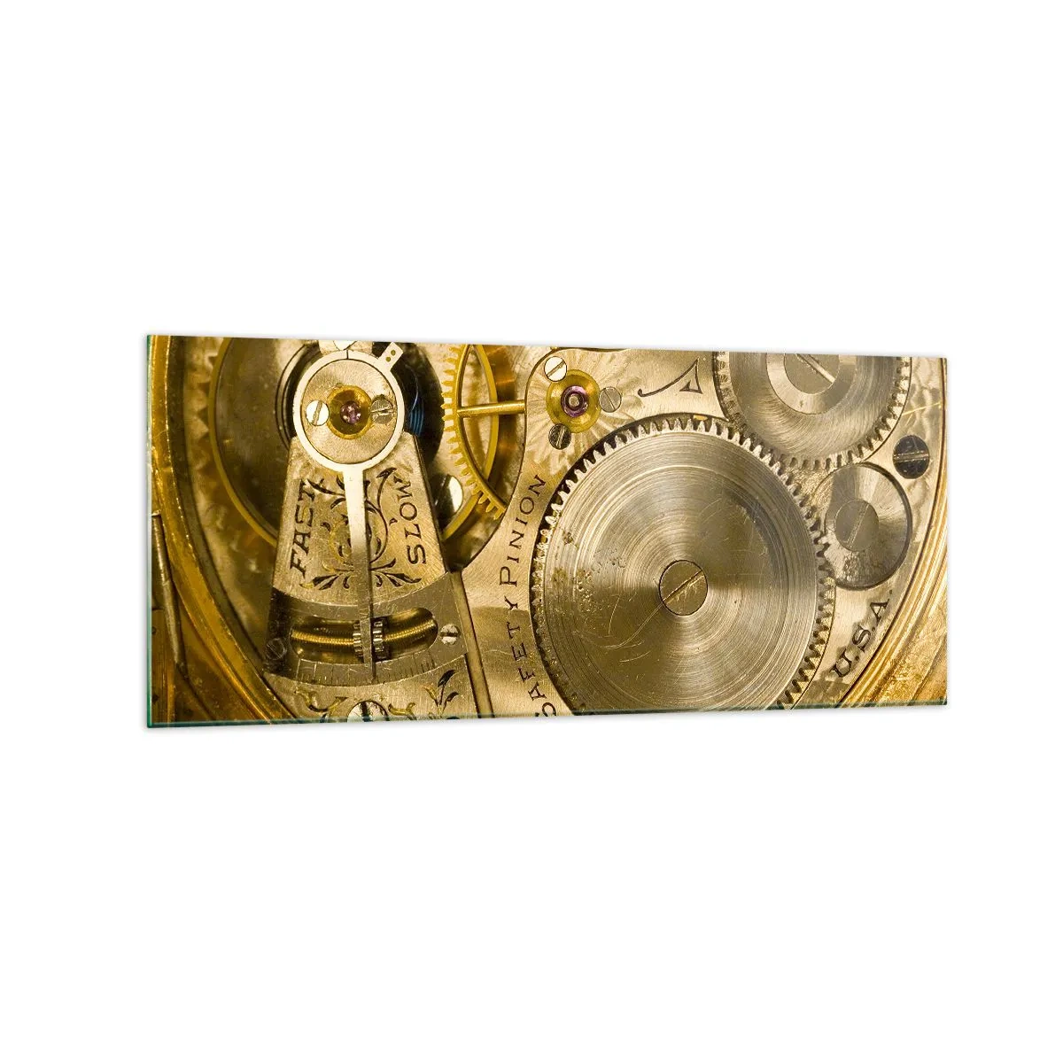 Glasbild - Bild auf glas - Uhrwerk mit sichtbaren Zahnrädern und Details - 120x50cm - Geh mit der Zeit - Moderne Wanddekoration für Wohnzimmer und Schlafzimmer ARTTOR