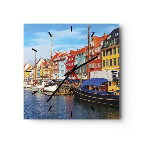 Wanduhr - Glasuhr - Bunte Häuser am Kanal mit Booten in der Sonne - 30x30cm - Fröhlicher Kai - Moderne Wanddekoration für Wohnzimmer und Schlafzimmer ARTTOR