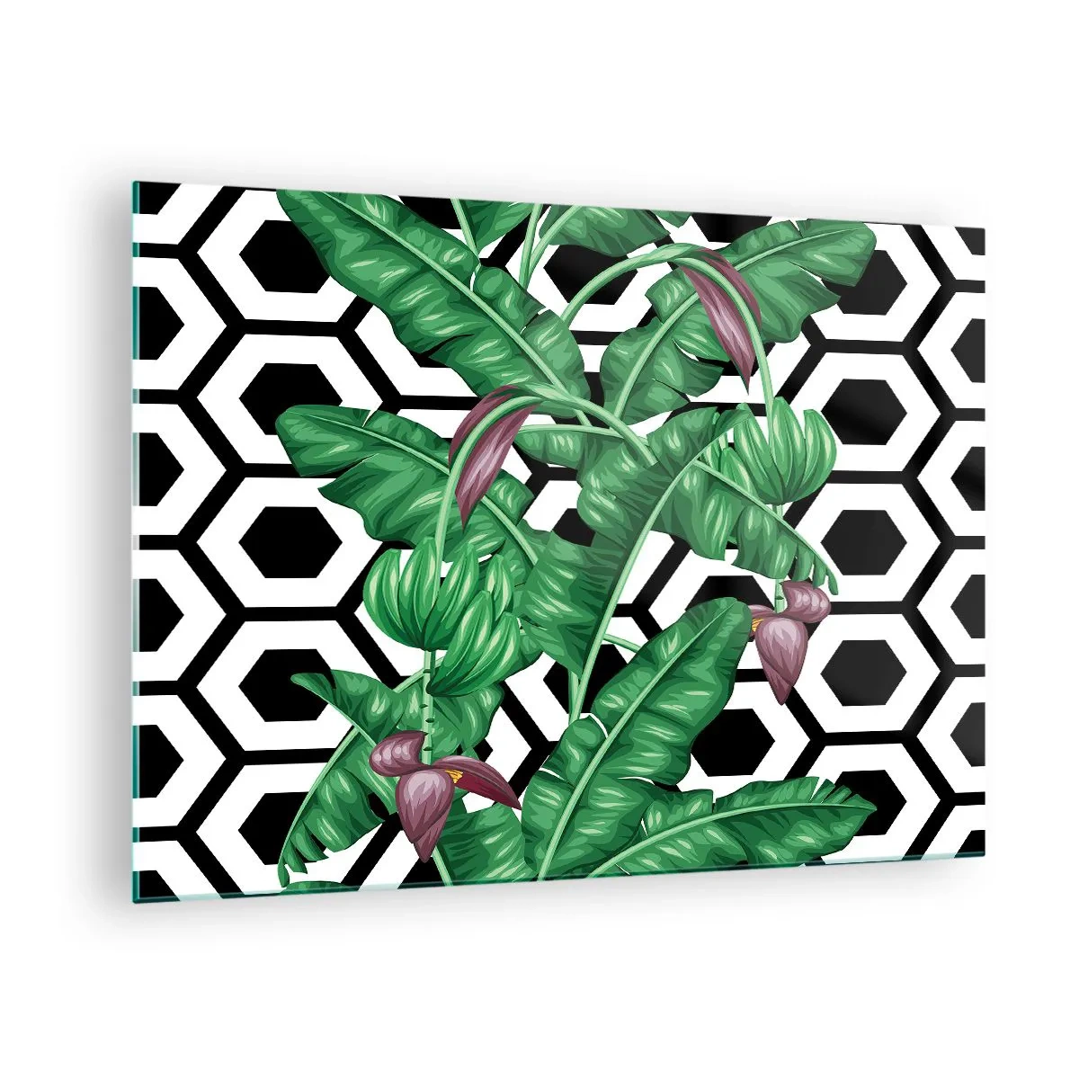 Glasbild - Bild auf glas - Tropische Blätter und Blumen vor einem schwarz-weißen geometrischen Musterhintergrund - 70x50cm - Von Natur aus eine symmetrische Komposition - Moderne Wanddekoration für Wohnzimmer und Schlafzimmer ARTTOR