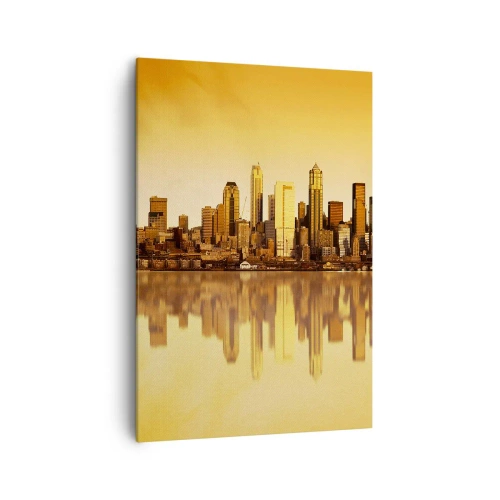 Bild auf Leinwand - Leinwandbild - Stadtpanorama spiegelt sich im Wasser bei Sonnenuntergang - 70x100cm - Die Stille der Metropole - Moderne Wanddekoration für Wohnzimmer und Schlafzimmer ARTTOR