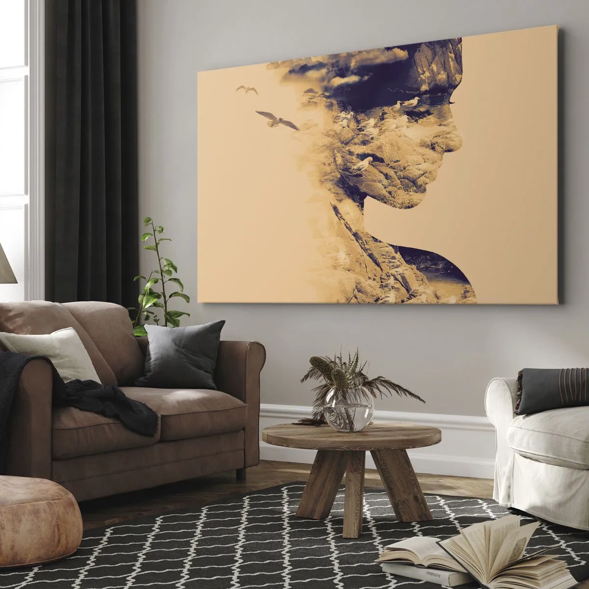 Bild auf Leinwand - Leinwandbild - Profil einer Frau mit der Natur im Hintergrund in warmen Tönen - 100x70cm - Von Natur aus schön - Moderne Wanddekoration für Wohnzimmer und Schlafzimmer ARTTOR