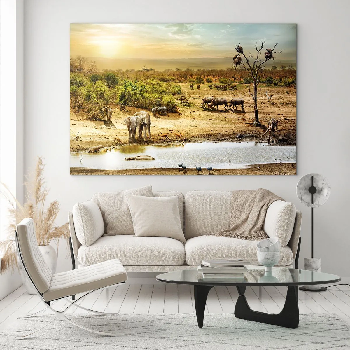 Glasbild - Bild auf glas - Elefanten und Tiere an einer Wasserstelle vor dem Hintergrund einer afrikanischen Landschaft - 100x70cm - Ein Fluss floss aus Eden ... - Moderne Wanddekoration für Wohnzimmer und Schlafzimmer ARTTOR