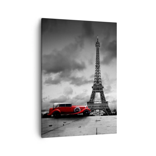 Bild auf Leinwand - Leinwandbild - Rotes Retro-Auto vor dem Eiffelturm in Schwarz und Weiß - 50x70cm - Vor nicht allzu langer Zeit in Paris - Moderne Wanddekoration für Wohnzimmer und Schlafzimmer ARTTOR