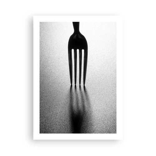 Poster - Ein minimalistisches Schwarzweißfoto einer Gabel und eines Schattens. - 50x70cm - Licht und Schatten - Moderne Wanddekoration für Wohnzimmer und Schlafzimmer ARTTOR