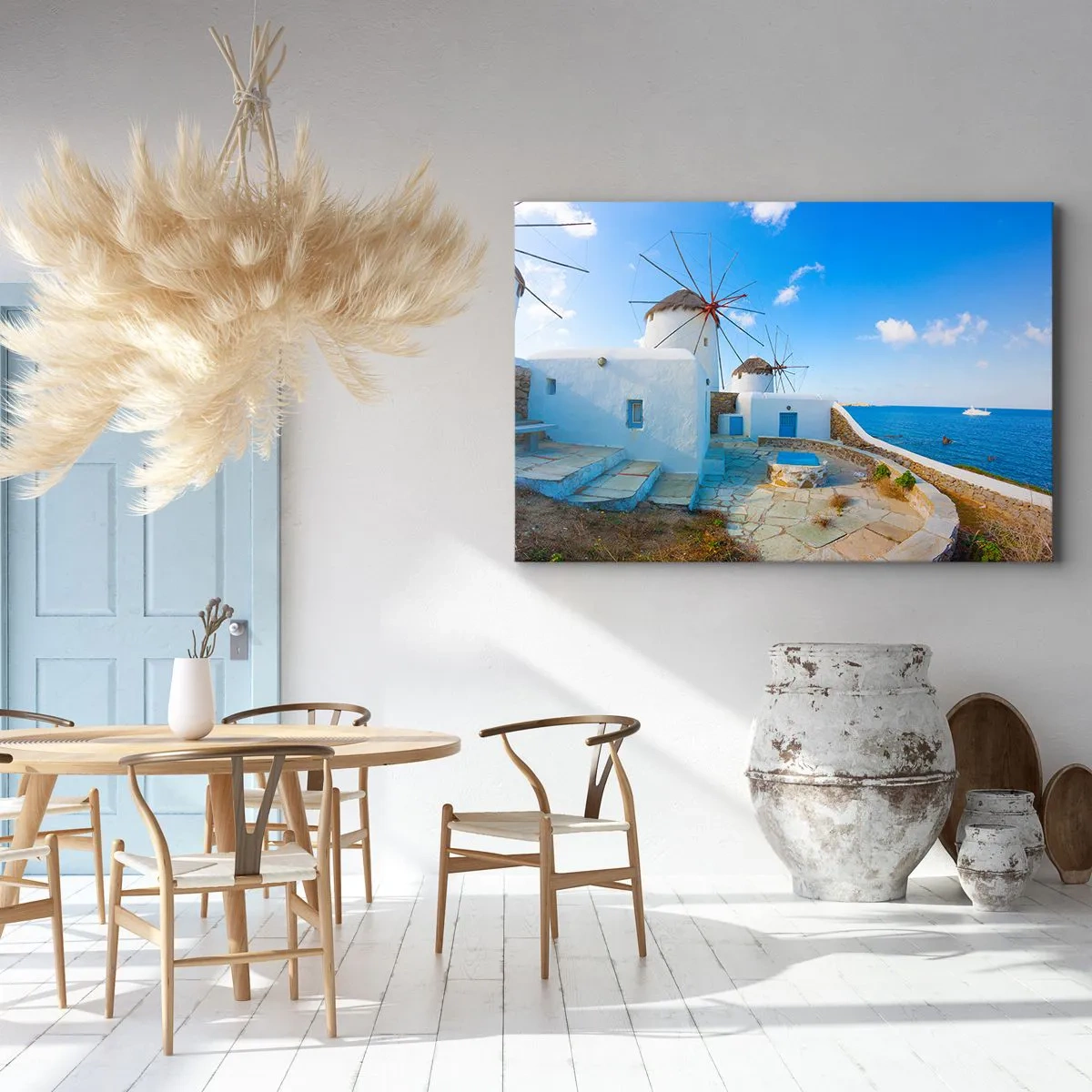 Bild auf Leinwand - Leinwandbild - Weiße Windmühlen an den Ufern des blauen Meeres - 100x70cm - Der blaue Wind vom Meer - Moderne Wanddekoration für Wohnzimmer und Schlafzimmer ARTTOR