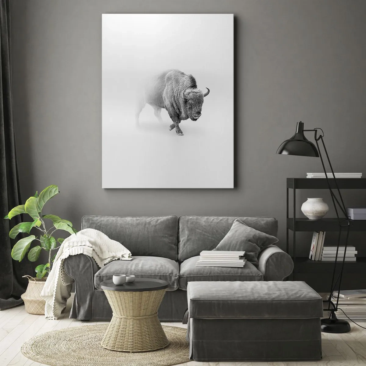 Bild auf Leinwand - Leinwandbild - Weißer Bison in minimalistischem Ambiente - 70x100cm - König der Prärie - Moderne Wanddekoration für Wohnzimmer und Schlafzimmer ARTTOR