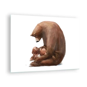 Glasbild - Bild auf glas - Eine Bärenmutter umarmt zwei kleine Bärenjungen - 70x50cm - Süße Träume, Kinder - Moderne Wanddekoration für Wohnzimmer und Schlafzimmer ARTTOR