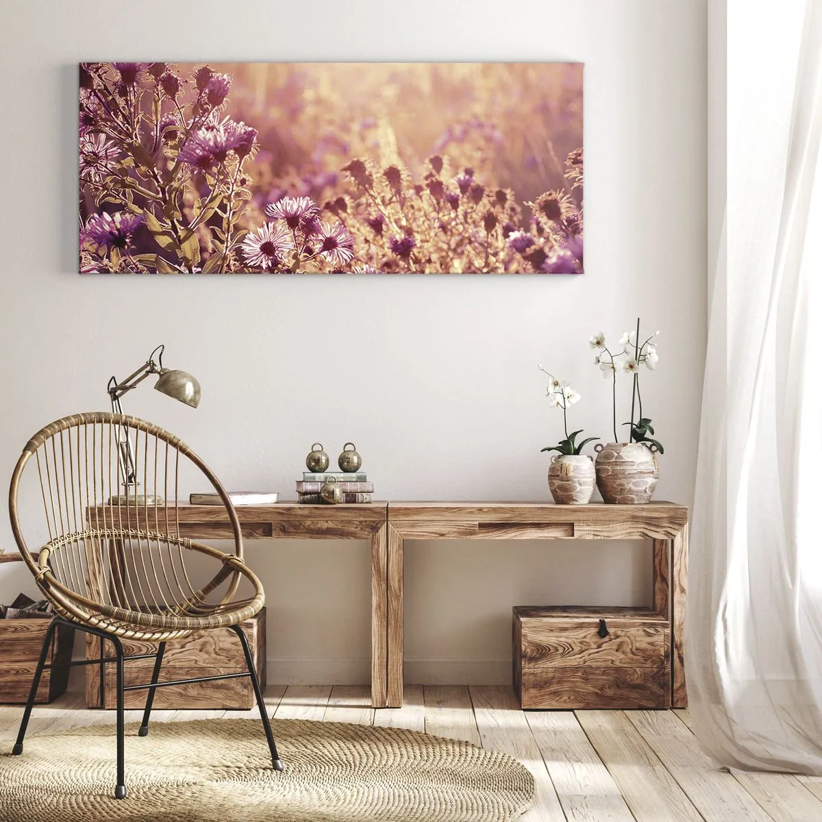 Bild auf Leinwand - Leinwandbild - Wiese im Licht der untergehenden Sonne - 120x50cm - Bevor der Sommer vorbei ist - Moderne Wanddekoration für Wohnzimmer und Schlafzimmer ARTTOR