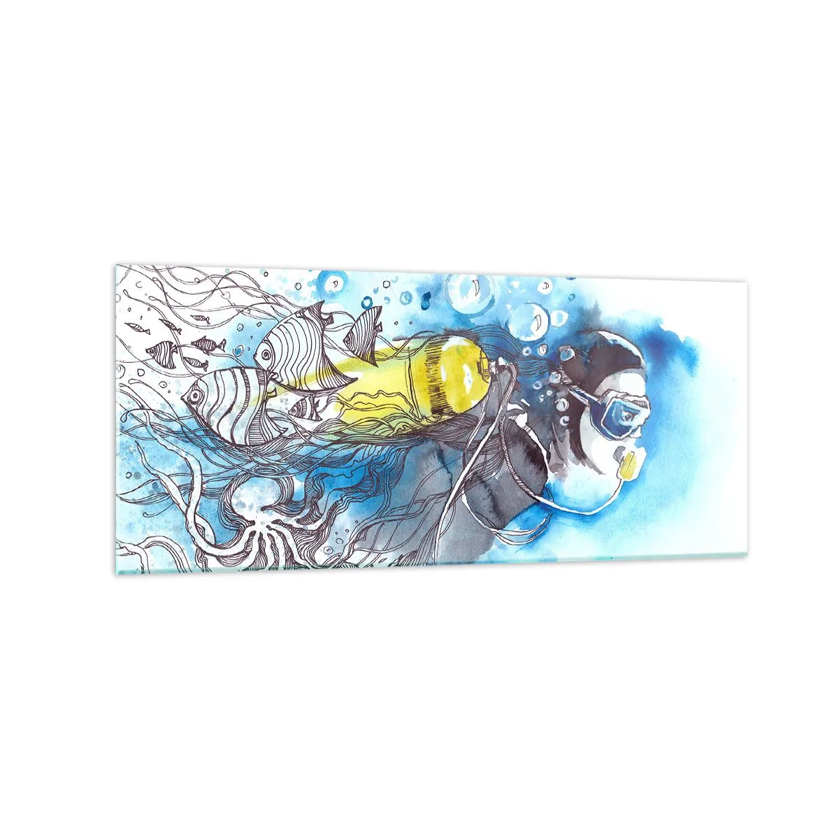 Glasbild - Bild auf glas - Unterwasserszene mit einem Taucher und exotischen Fischen - 120x50cm - Tolles Blau - Moderne Wanddekoration für Wohnzimmer und Schlafzimmer ARTTOR