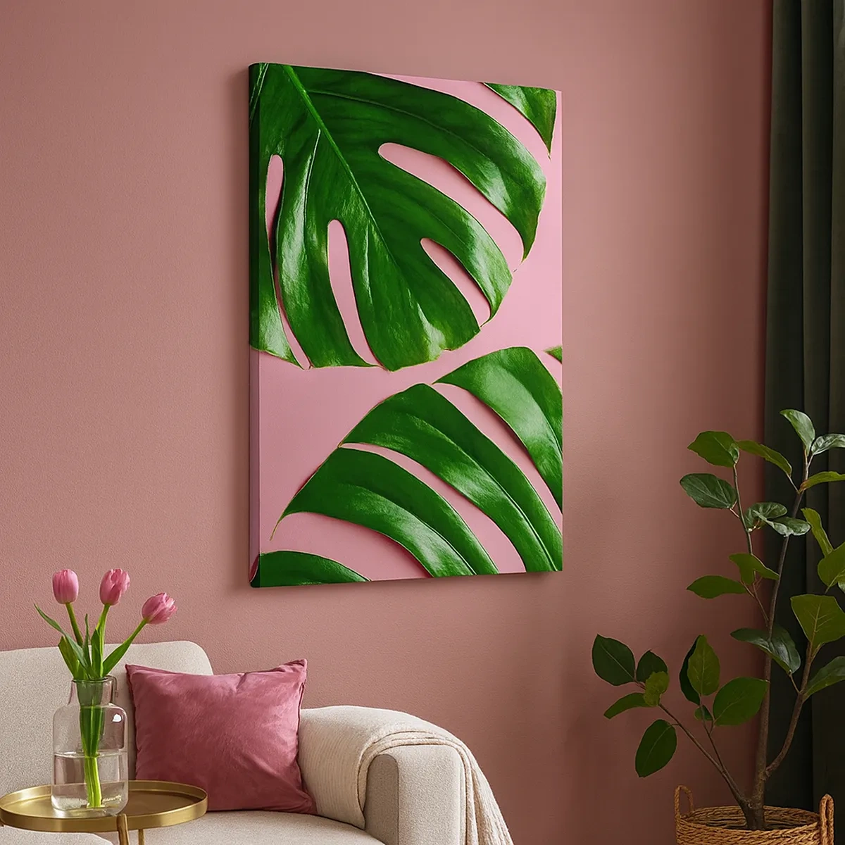 Bild auf Leinwand - Leinwandbild - Grüne Monstera-Blätter auf rosa Hintergrund - 50x70cm - Rendezvous im Grünen - Moderne Wanddekoration für Wohnzimmer und Schlafzimmer ARTTOR