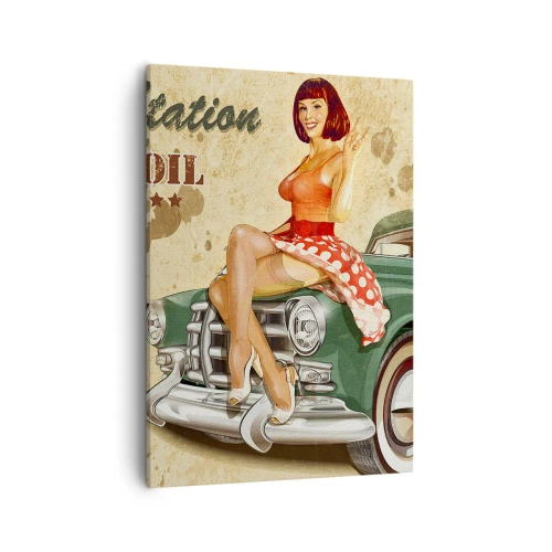 Bild auf Leinwand - Leinwandbild - Retro-Route 66-Poster mit Pin-up-Girl und Auto - 50x70cm - Die großen Jahre der 40er. - Moderne Wanddekoration für Wohnzimmer und Schlafzimmer ARTTOR