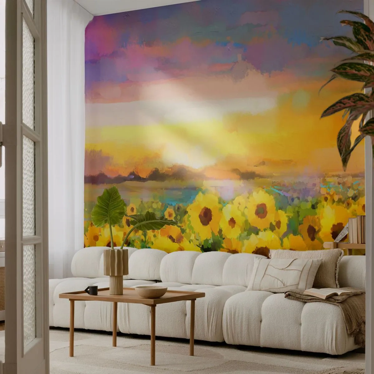 Fototapete Premium Sand - Ein Feld mit Sonnenblumen in den Strahlen der untergehenden Sonne - 100x70cm - Die Sonne selbst ist auf die Erde herabgestiegen - Moderne Wanddekoration für Wohnzimmer und Schlafzimmer ARTTOR