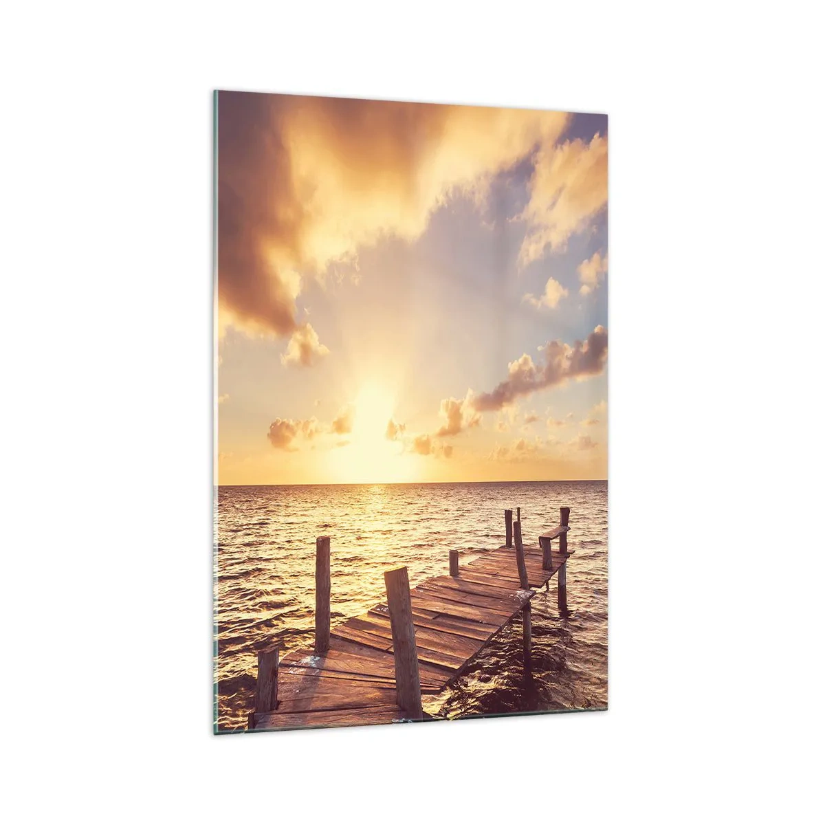 Glasbild - Bild auf glas - Ein Holzsteg führt in Richtung Sonnenuntergang - 70x100cm - Das goldene Land der Sanftmut - Moderne Wanddekoration für Wohnzimmer und Schlafzimmer ARTTOR