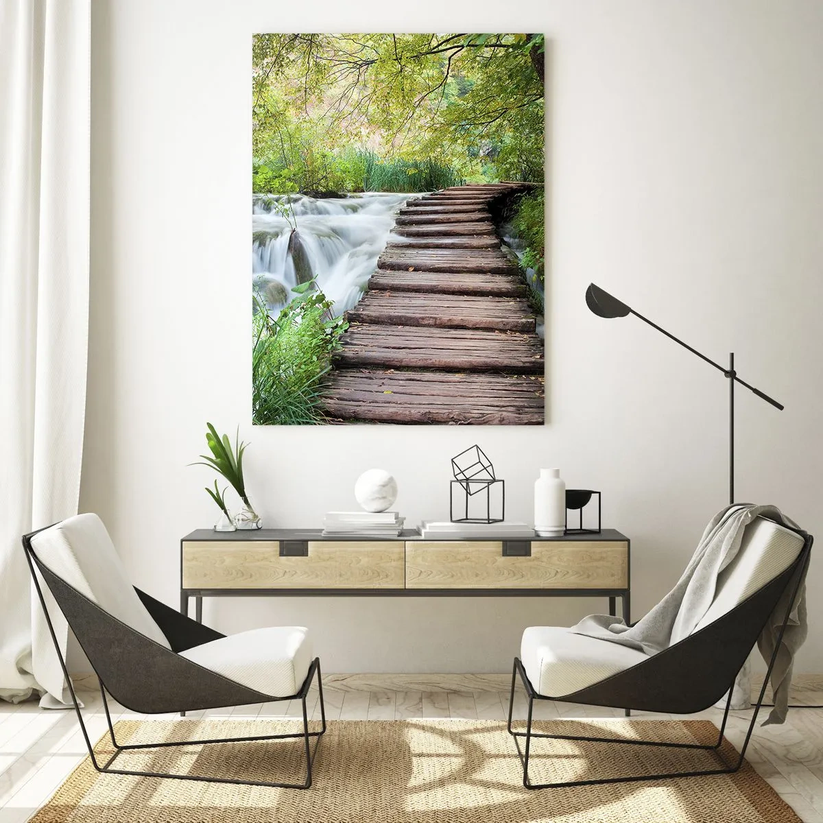 Glasbild - Bild auf glas - Eine Brücke im Wald über einen Bach - 50x70cm - Das Wasser ist überhaupt nicht ruhig - Moderne Wanddekoration für Wohnzimmer und Schlafzimmer ARTTOR