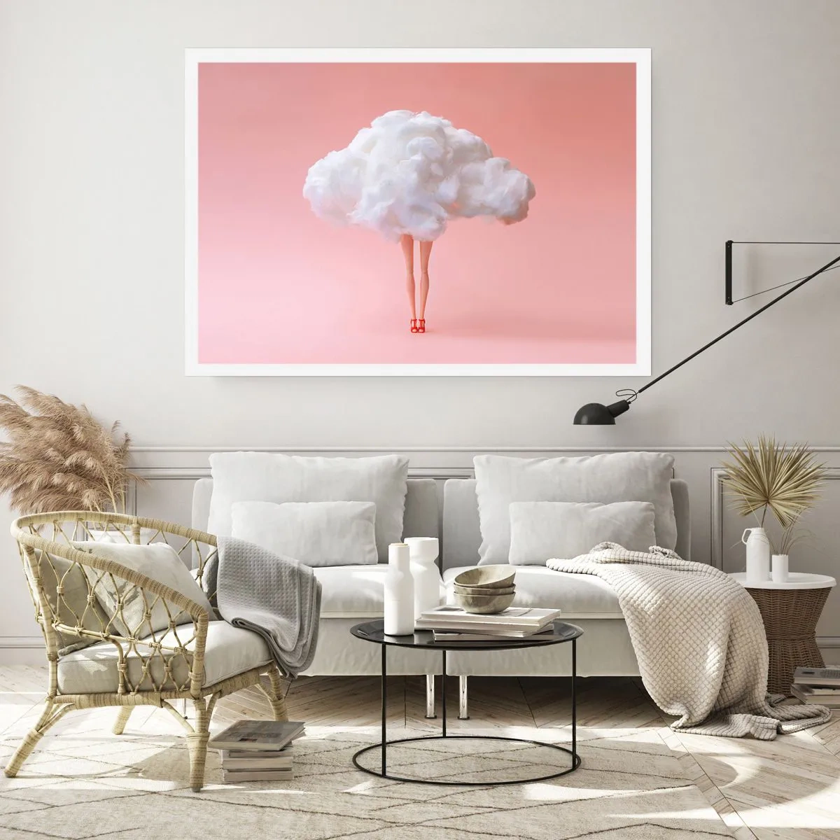 Poster - Beine in einer Wolke auf rosa Hintergrund - 100x70cm - Süßes Versprechen - Moderne Wanddekoration für Wohnzimmer und Schlafzimmer ARTTOR