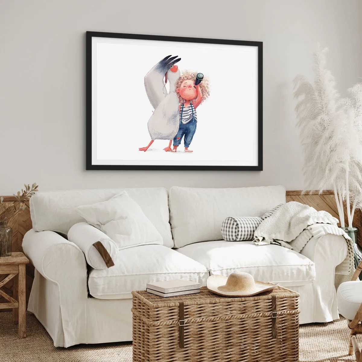 Poster in einem schwarzem Rahmen - Illustration eines Kindes mit einem Pelikan und einem Teleskop in der Hand - 70x50cm - Toller Reiseplan - Moderne Wanddekoration für Wohnzimmer und Schlafzimmer ARTTOR