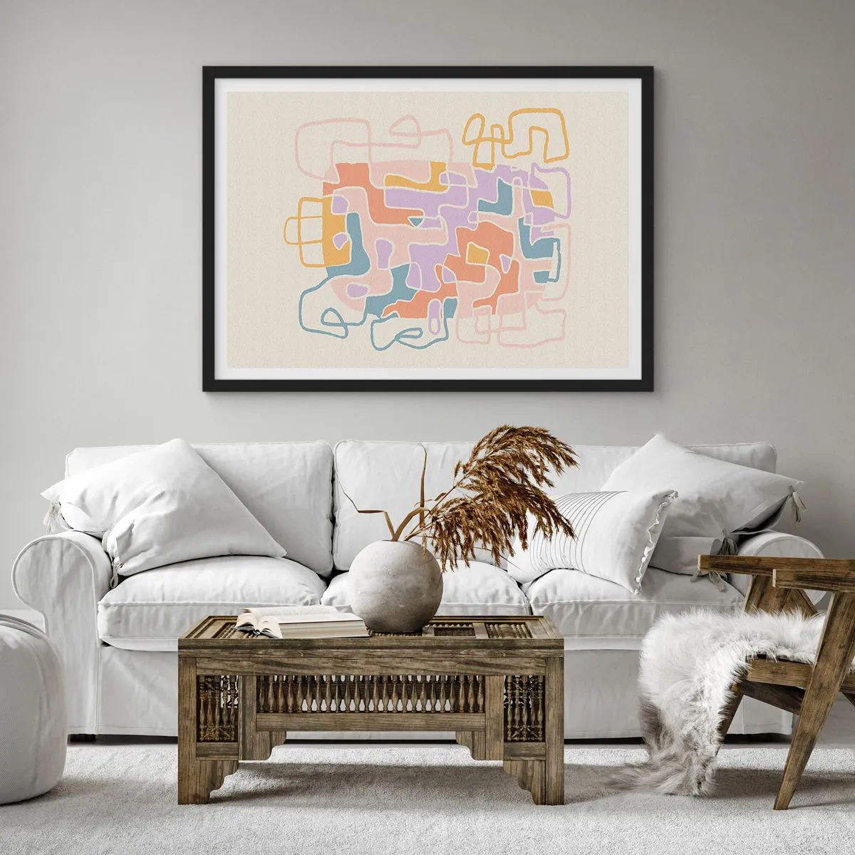 Poster in einem schwarzem Rahmen - Pastellfarbene abstrakte Linien erzeugen geometrische Muster - 70x50cm - Labyrinth – ein freudiges Abenteuer - Moderne Wanddekoration für Wohnzimmer und Schlafzimmer ARTTOR