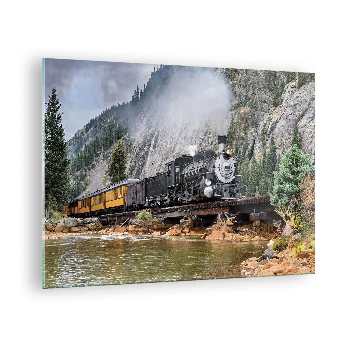 Glasbild - Bild auf glas - Eine Dampflokomotive auf einer Brücke in den Bergen - 70x50cm - Wo willst du hin? Wohin? - Moderne Wanddekoration für Wohnzimmer und Schlafzimmer ARTTOR