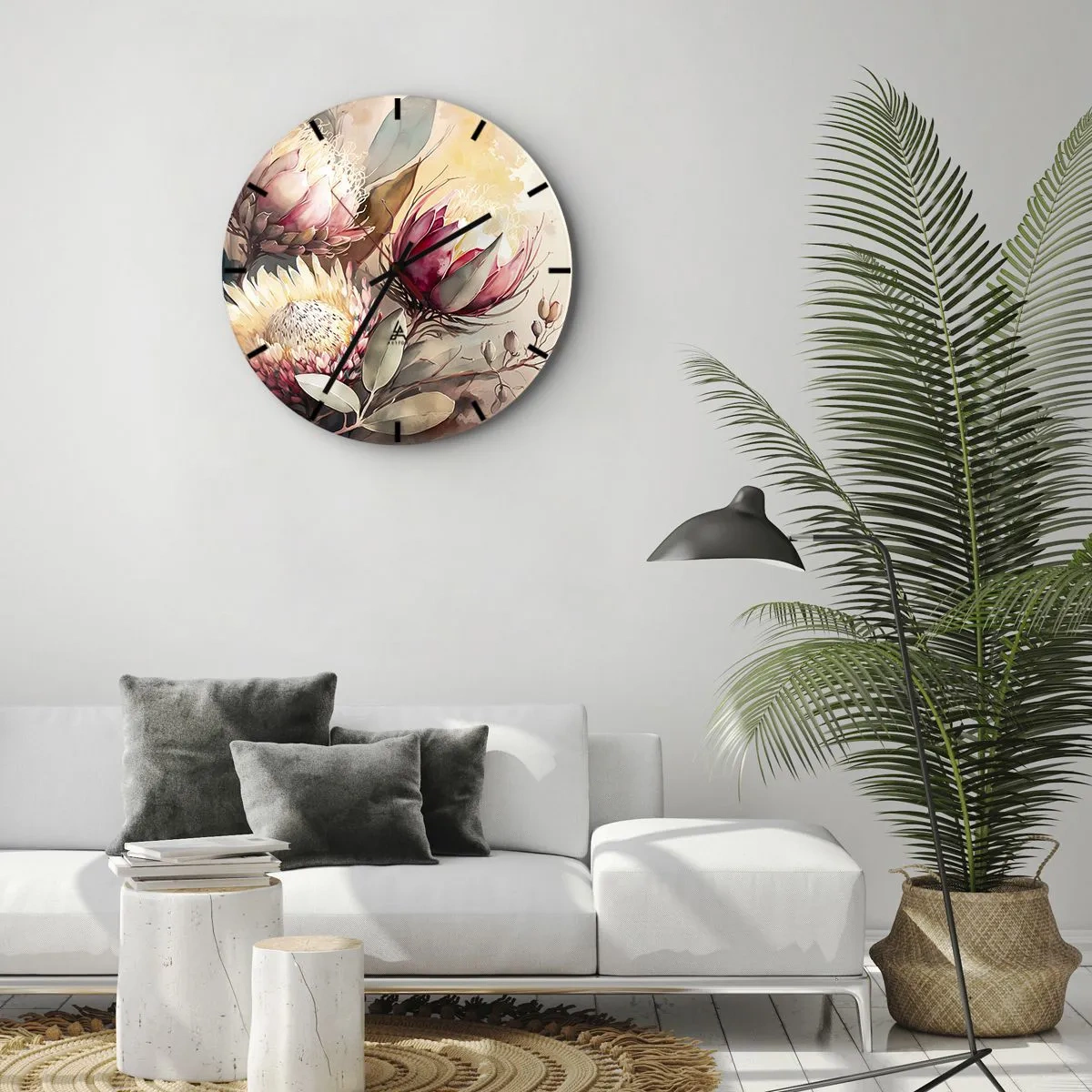 Wanduhr - Glasuhr - Künstlerische Protea-Blüten auf hellem Hintergrund - 30x30cm - Im Profil und en face - Moderne Wanddekoration für Wohnzimmer, Küche und Schlafzimmer ARTTOR