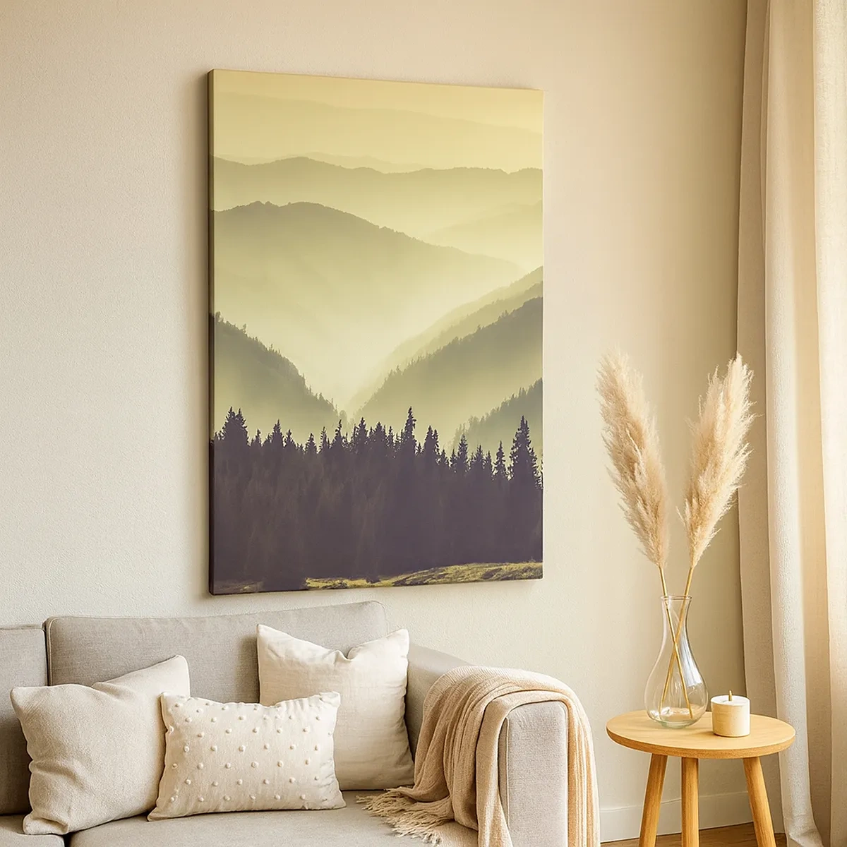 Bild auf Leinwand - Leinwandbild - Malerische Bergketten im Nebel in warmem Licht - 50x70cm - Hinter den sieben Bergen ... - Moderne Wanddekoration für Wohnzimmer und Schlafzimmer ARTTOR