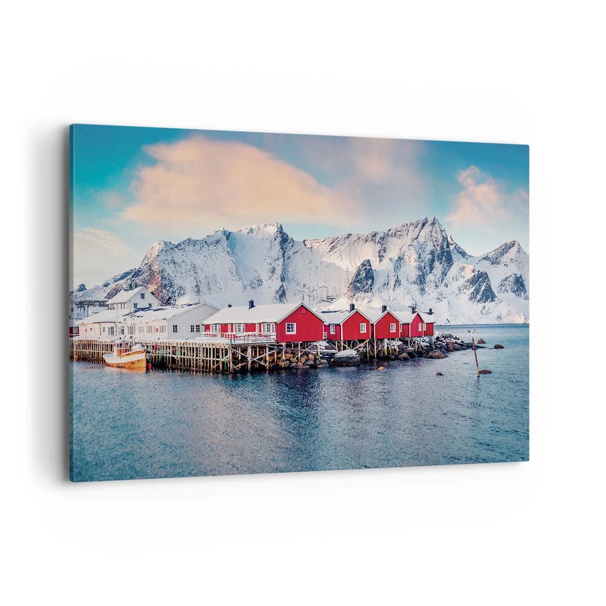 Bild auf Leinwand - Leinwandbild - Rote Häuser vor dem Hintergrund schneebedeckter Berge und des blauen Meeres - 120x80cm - Nördlicher Rückzug - Moderne Wanddekoration für Wohnzimmer und Schlafzimmer ARTTOR