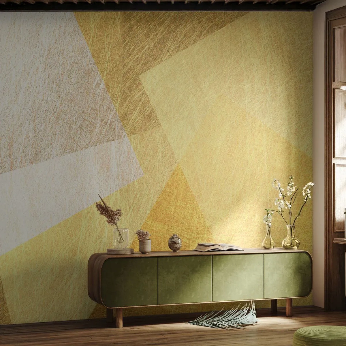 Fototapete Standard Eco - Goldene geometrische Formen mit metallischem Textureffekt - 100x70cm - Geometriewetter - Moderne Wanddekoration für Wohnzimmer und Schlafzimmer ARTTOR