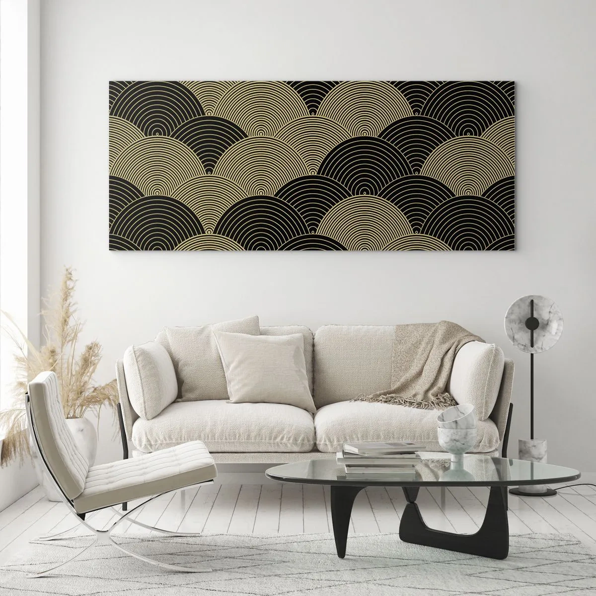 Glasbild - Bild auf glas - Art-Deco-Muster mit Halbkreisen und goldenen Linien - 120x50cm - Einheit in der Vielfalt - Moderne Wanddekoration für Wohnzimmer und Schlafzimmer ARTTOR