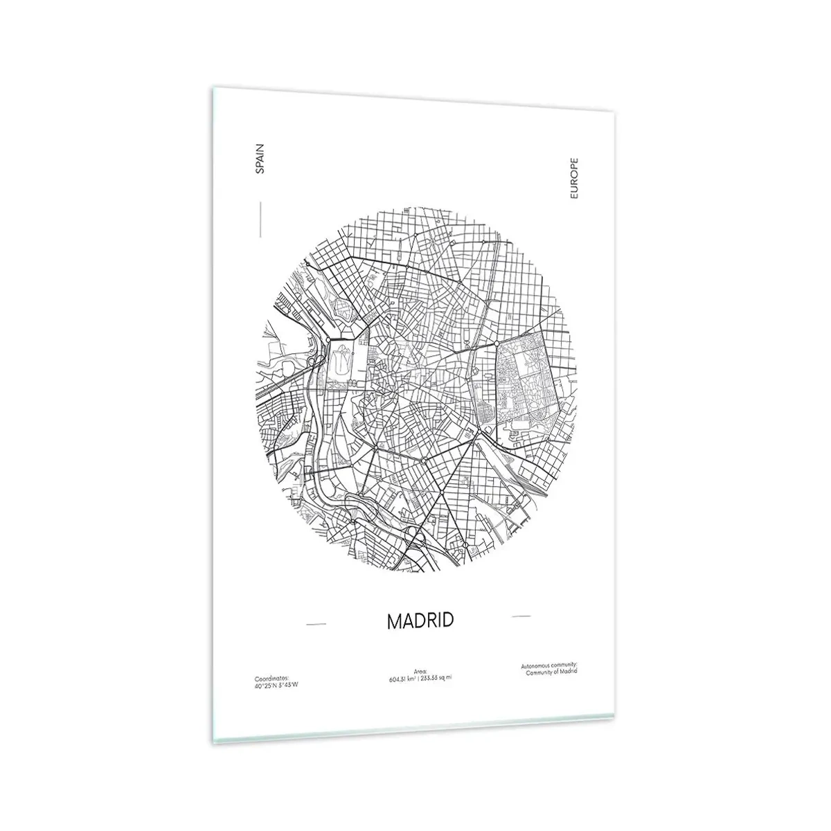 Glasbild - Bild auf glas - Karte von Madrid im minimalistischen Schwarz-Weiß-Stil - 80x120cm - Anatomie von Madrid - Moderne Wanddekoration für Wohnzimmer und Schlafzimmer ARTTOR