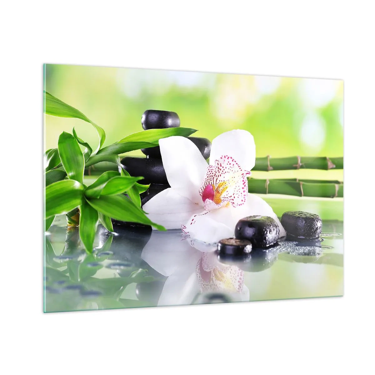 Glasbild - Bild auf glas - Orchidee, Bambus und schwarze Steine vor grünem Hintergrund - 100x70cm - Kühle Frische - Moderne Wanddekoration für Wohnzimmer und Schlafzimmer ARTTOR