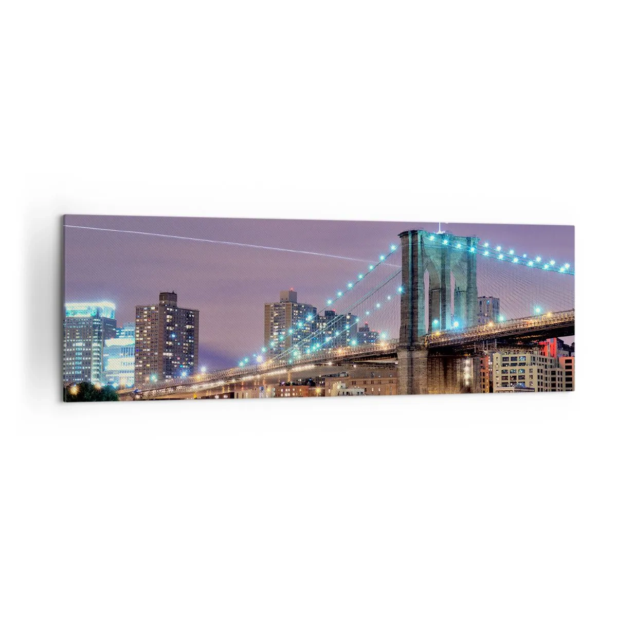 Bild auf Leinwand - Leinwandbild - Brooklyn Bridge bei Nacht mit der beleuchteten Stadt im Hintergrund - 160x50cm - Seit vielen Jahren die Brooklyn Bridge - Moderne Wanddekoration für Wohnzimmer und Schlafzimmer ARTTOR