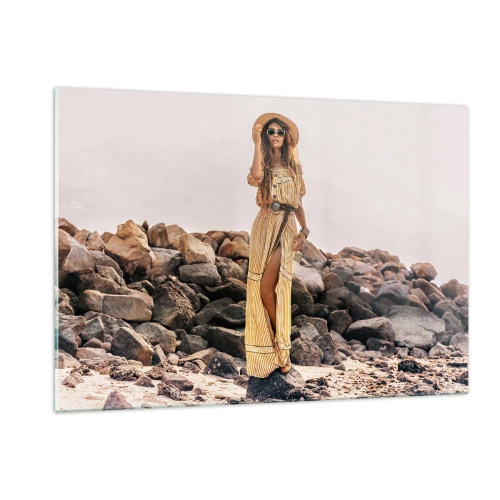 Glasbild - Bild auf glas - Eine Frau in einem Kleid im Boho-Stil vor einer felsigen Küste - 120x80cm - Die Magie der Steine - Moderne Wanddekoration für Wohnzimmer und Schlafzimmer ARTTOR