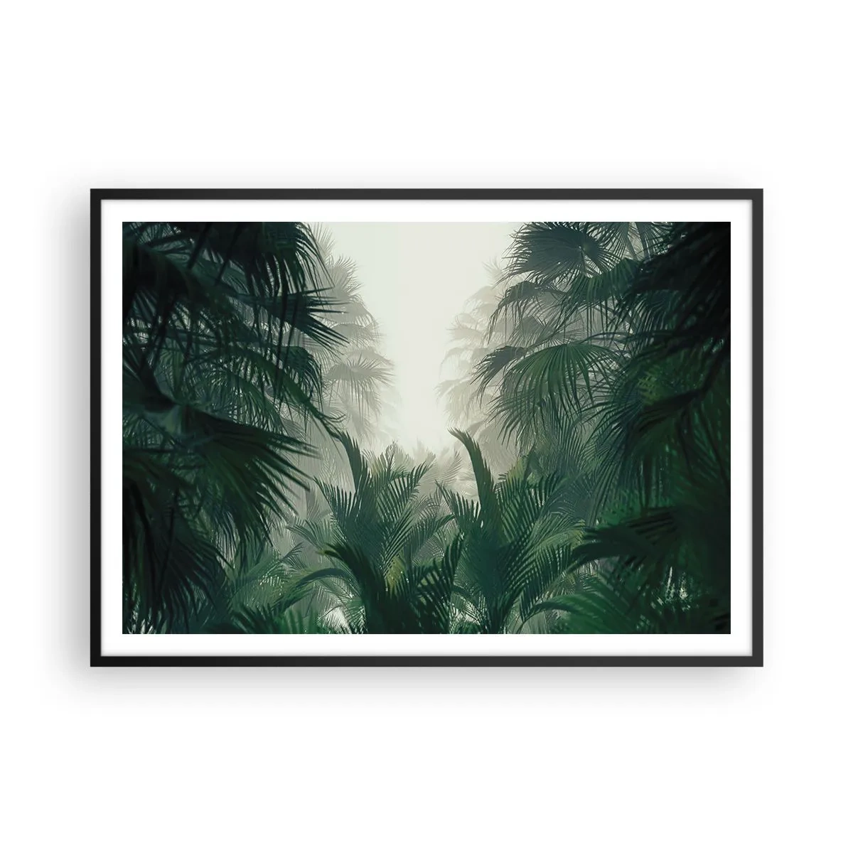 Poster in einem schwarzem Rahmen - Tropische Vegetation im dichten Regenwaldnebel - 100x70cm - Tropisches Geheimnis - Moderne Wanddekoration für Wohnzimmer und Schlafzimmer ARTTOR