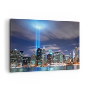 Bild auf Leinwand - Leinwandbild - Nachtstadtpanorama mit zwei hellen Lichtstrahlen am Himmel - 120x80cm - Erreiche den Himmel mit dem Licht - Moderne Wanddekoration für Wohnzimmer und Schlafzimmer ARTTOR