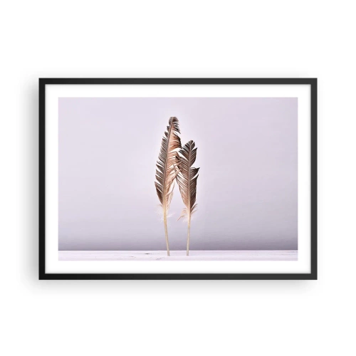 Poster in einem schwarzem Rahmen - Zarte Federn auf hellem Untergrund im minimalistischen Stil - 70x50cm - Gegen das Nichts - Moderne Wanddekoration für Wohnzimmer und Schlafzimmer ARTTOR