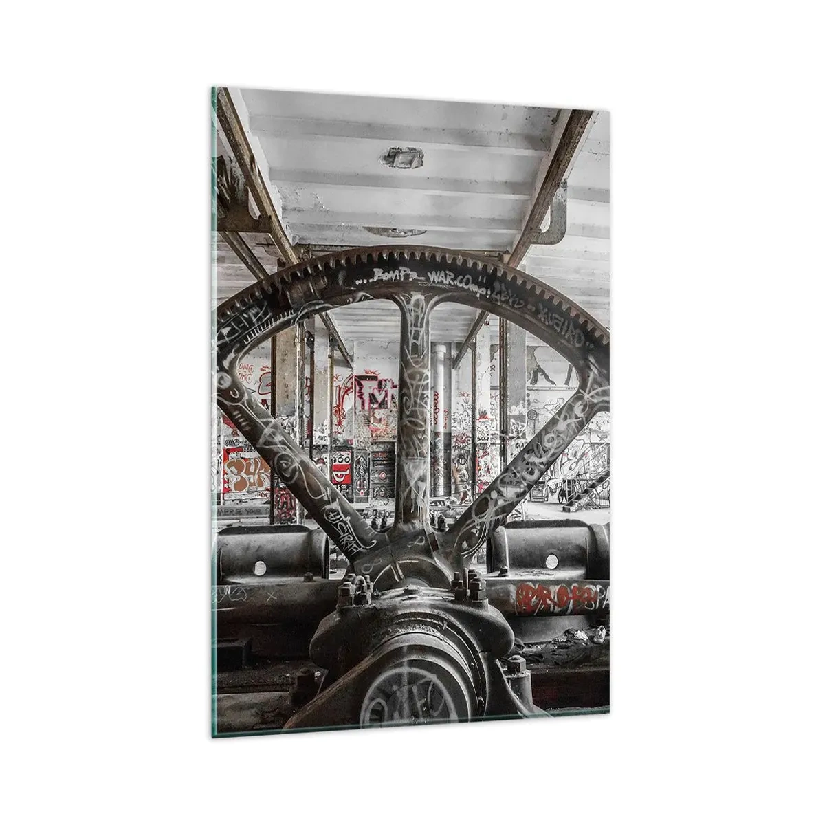 Glasbild - Bild auf glas - Ein alter Mechanismus in einem verlassenen Industriegebäude - 80x120cm - Das geheime Leben der Fabrik - Moderne Wanddekoration für Wohnzimmer und Schlafzimmer ARTTOR