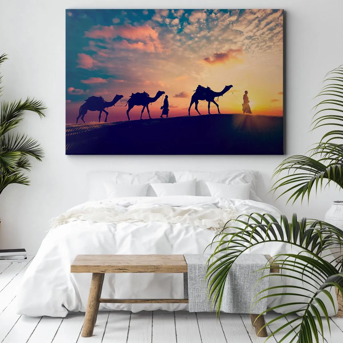 Bild auf Leinwand - Leinwandbild - Eine Karawane von Kamelen wandert bei Sonnenuntergang durch die Wüste - 100x70cm - Der geheimnisvolle Geist des Orients - Moderne Wanddekoration für Wohnzimmer und Schlafzimmer ARTTOR