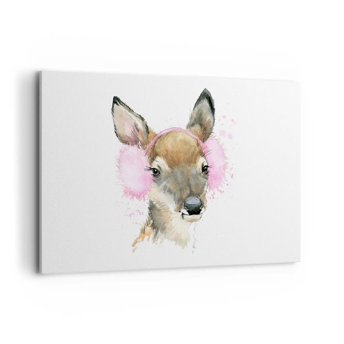 Bild auf Leinwand - Leinwandbild - Aquarell Hirsch in rosa Ohrenschützern - 120x80cm - Und der Frost ist nicht mehr schrecklich - Moderne Wanddekoration für Wohnzimmer und Schlafzimmer ARTTOR