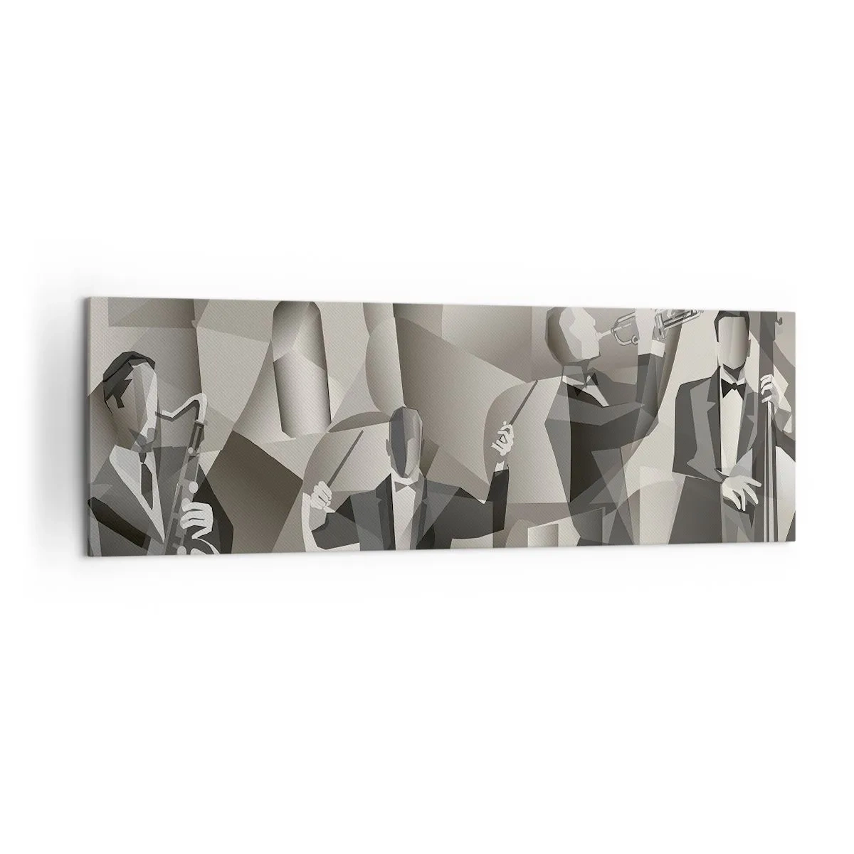 Bild auf Leinwand - Leinwandbild - Abstrakte Szene mit Jazzmusikern in Grautönen. - 160x50cm - Im Raum der Klänge - Moderne Wanddekoration für Wohnzimmer und Schlafzimmer ARTTOR