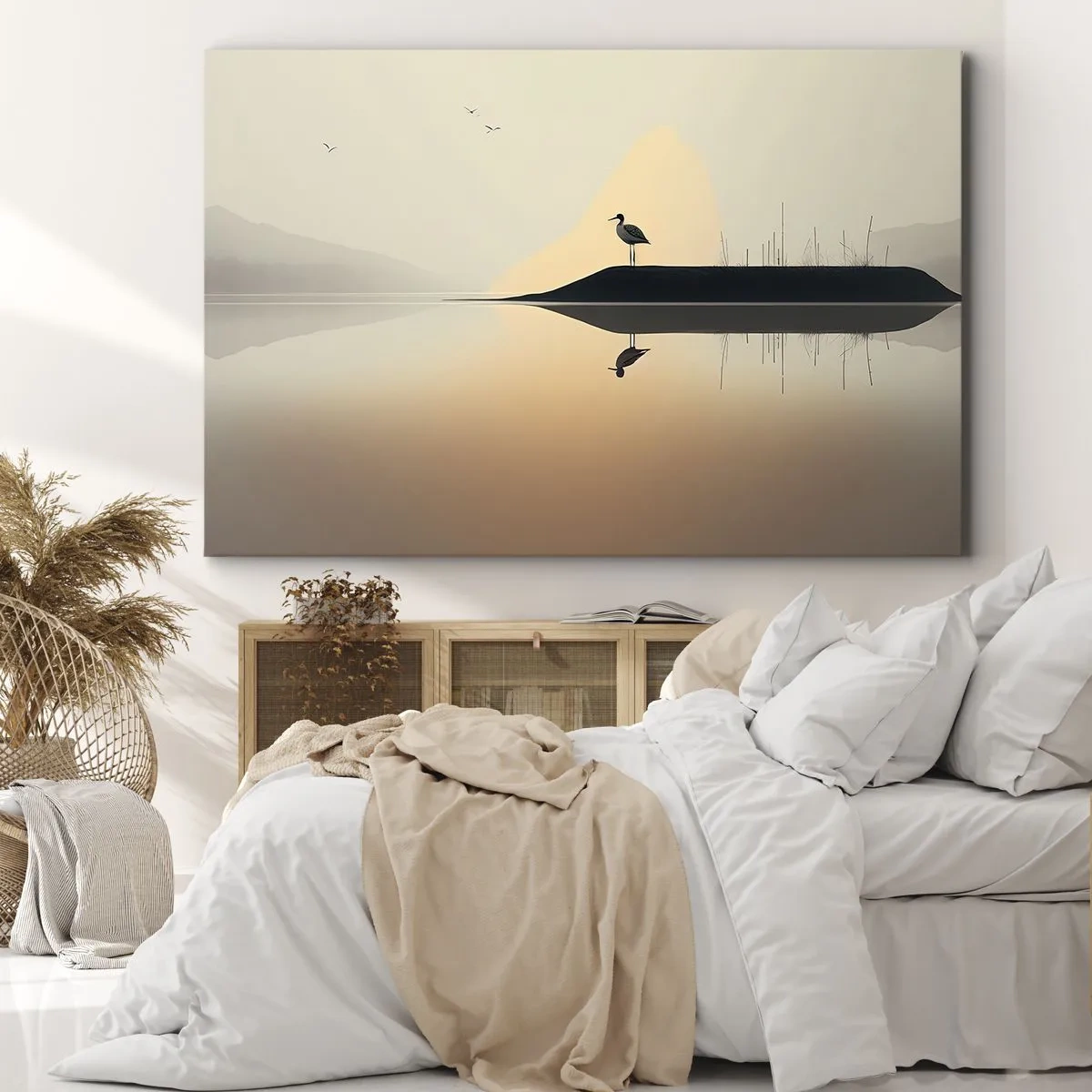 Bild auf Leinwand - Leinwandbild - Ein Vogel auf einer Insel in einem ruhigen See mit warmen Farbtönen - 100x70cm - Herr am See - Moderne Wanddekoration für Wohnzimmer und Schlafzimmer ARTTOR