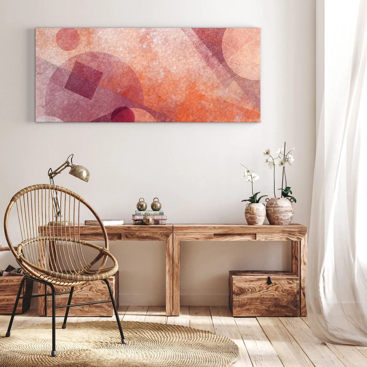 Bild auf Leinwand - Leinwandbild - Abstrakte geometrische Formen in Pastelltönen von Rosa - 160x50cm - Geometrische Transformationen in Pink - Moderne Wanddekoration für Wohnzimmer und Schlafzimmer ARTTOR
