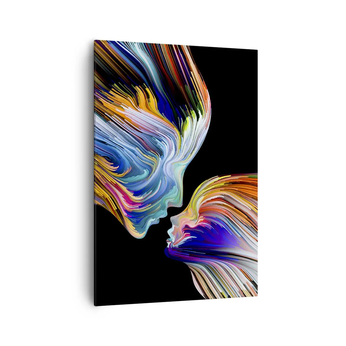 Bild auf Leinwand - Leinwandbild - Bunte Silhouetten von Gesichtern in dynamischen Strömen auf schwarzem Hintergrund - 70x100cm - Eine Verschmelzung von Energie und Licht - Moderne Wanddekoration für Wohnzimmer und Schlafzimmer ARTTOR