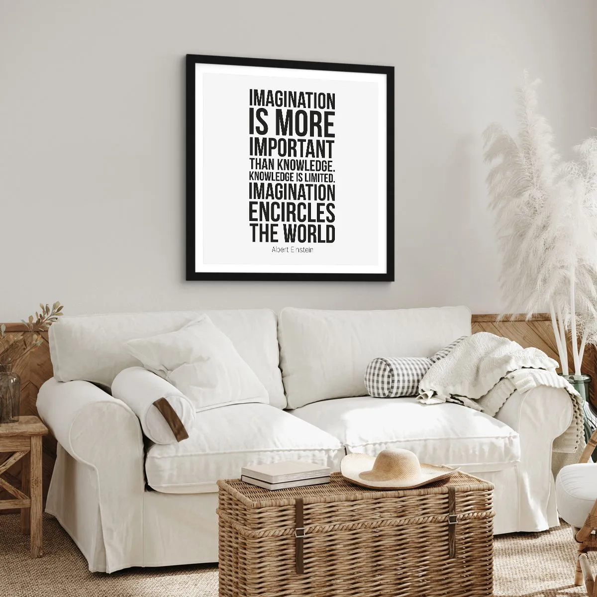 Poster in einem schwarzem Rahmen - Einstein über die Kraft der Vorstellungskraft - 40x40 cm