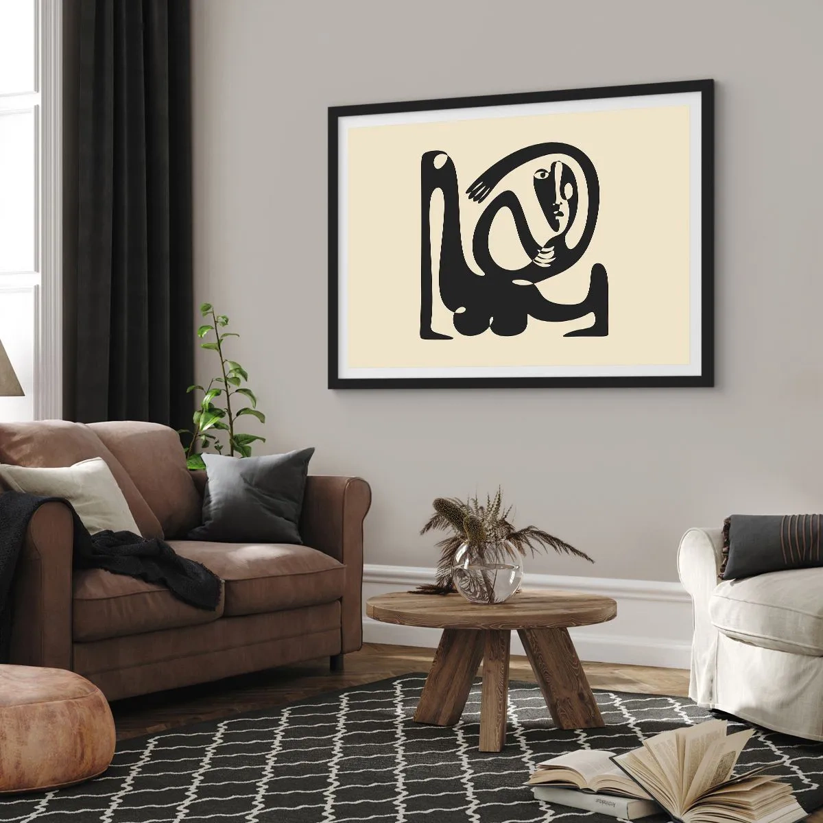Poster in einem schwarzem Rahmen - Eine abstrakte Figur in Schwarz auf beigem Hintergrund - 100x70cm - Fast wie Picasso - Moderne Wanddekoration für Wohnzimmer und Schlafzimmer ARTTOR