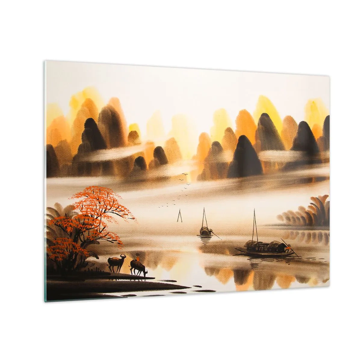 Glasbild - Bild auf glas - Orientalische Landschaft mit Booten und Bergen im Nebel - 70x50cm - Weiter als im Fernosten - Moderne Wanddekoration für Wohnzimmer und Schlafzimmer ARTTOR