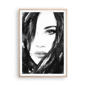 Poster in einem Rahmen aus heller Eiche - Porträt einer Dame in Schwarzweiß - 70x100 cm