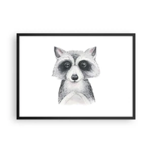 Poster in einem schwarzem Rahmen - Adorable Portrait eines Waschbären auf weißem Hintergrund - 70x50cm - Ein Moment zum Bewegen - Moderne Wanddekoration für Wohnzimmer und Schlafzimmer ARTTOR